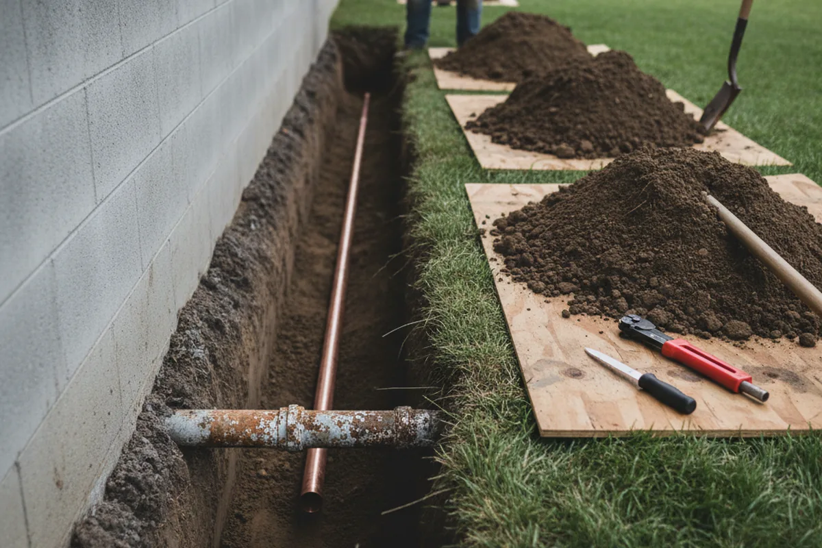Excavated water line trench during Sewer Line Repair in Celina